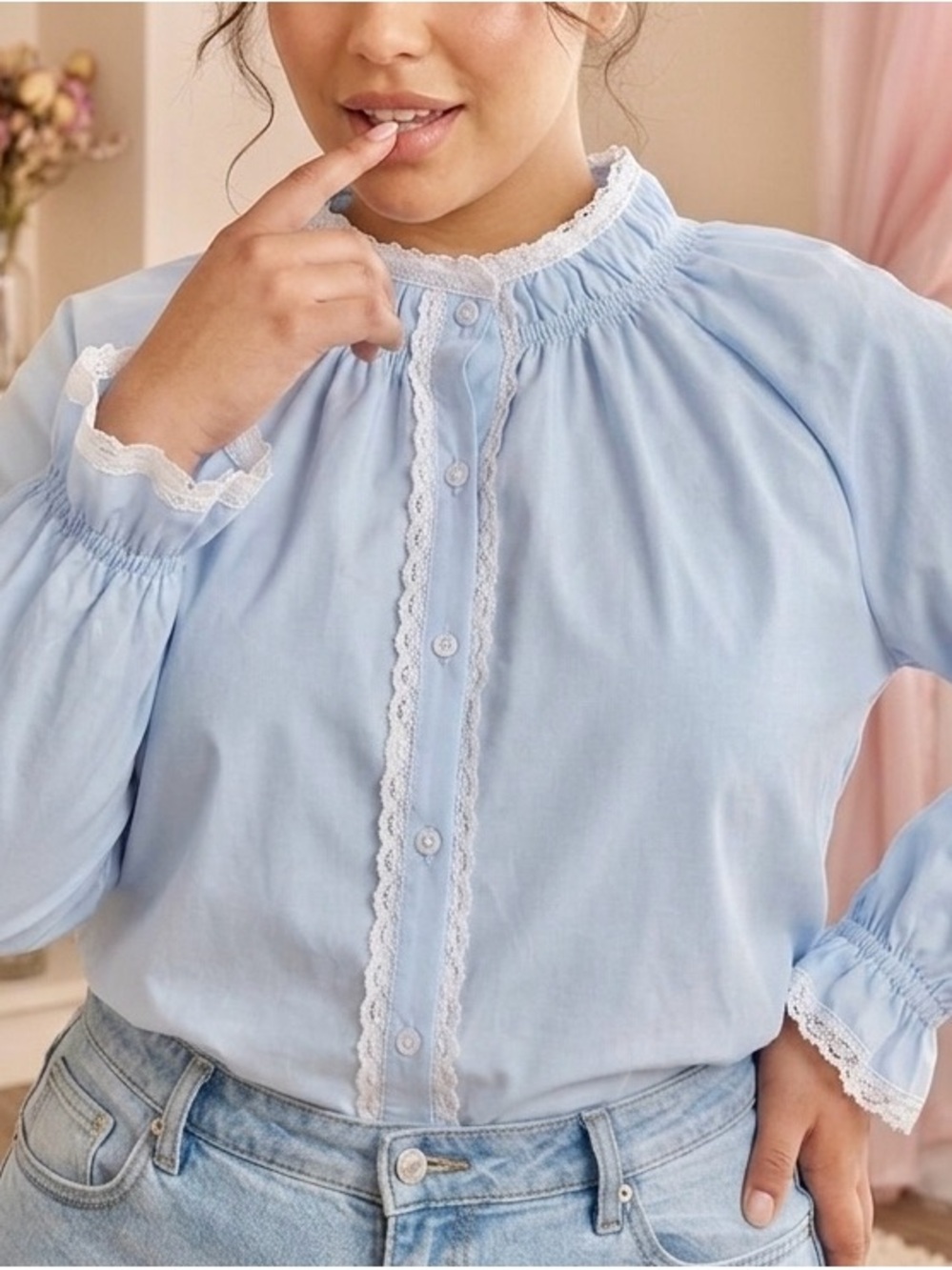 Peasant Lace Accent Pastel Blue Blouse. Cottagecore Dollcore Coquette Soft Girl